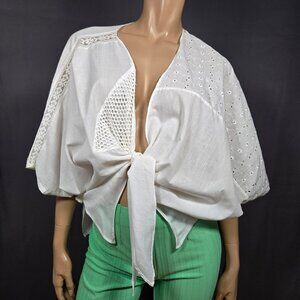 Vintage 80s White Eyelet Shrug Tie Front Jacket Shawl One Size Boho Festival